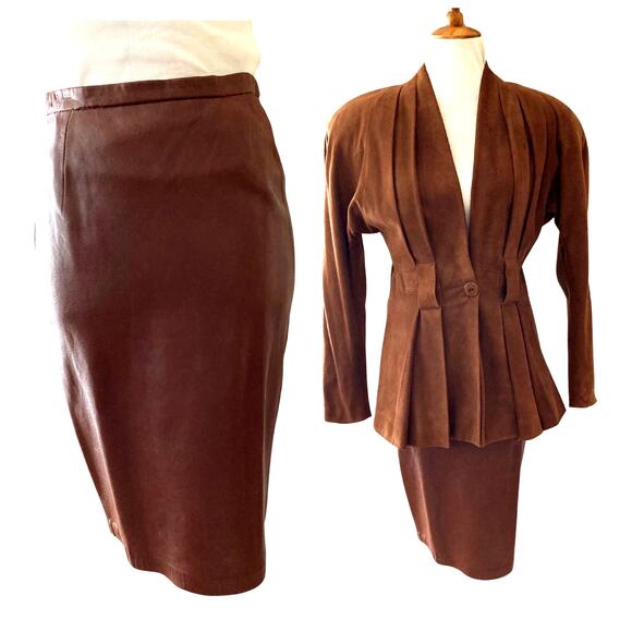 Vintage Spitalnick 1980s Brown Suede Peplum Blazer & Leather Skirt Suit RARE - Picture 6 of 10
